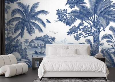 Detailed illustration showing a tropical landscape in blue toile style Wall mural