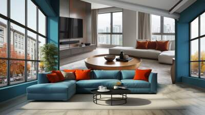 Modern living room overlooking city with gold coffee table Wall mural