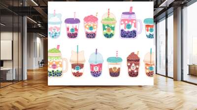 Collection of Bubble Milk Tea with tapioca pearls. Boba tea. Cold Asian Taiwanese drink. Summer cold drink. Hand drawn vector illustration Wall mural