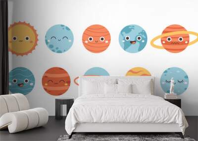 Collection of cute cartoon planets. Solar System. Earth Day, Save planet. Vector illustration in flat style Wall mural