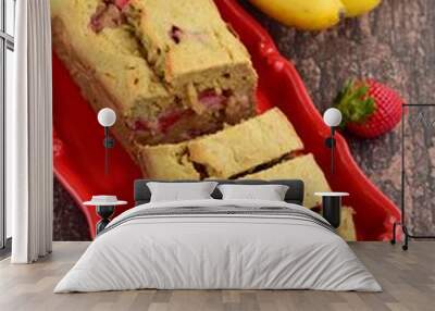 Strawberry banana yogurt cake with fresh strawberry and banana on rustic background Wall mural