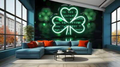 3D render of a green neon light clover symbol, neon background - AI Generated Wall mural