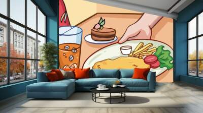 Waiter hand serving foods at the restaurant vector illustration. Drawing of fish n chips menu, chocolate cake, and iced tea on wooden table background. Japanese cartoon comic manga styled art. Wall mural