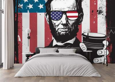 Fourth of July Independence Day Abe Lincoln For Score and Seven Beers Ago Drinking 4th Patriotic Sunglasses Grunge Distress Frame American Flag Background Wall mural