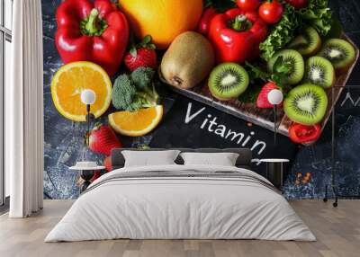 Colorful Fruits and Vegetables High in Vitamin C on Wooden Board | Healthy Eating Concept Wall mural