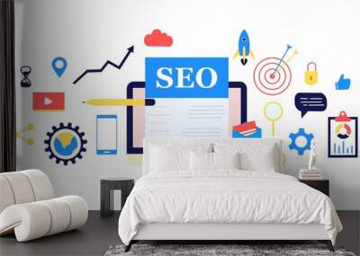 Modern flat design concept of SEO Search Engine Optimization banner for website and mobile website. Landing page template for digital advertising, search engines, online marketing. Vector illustration Wall mural