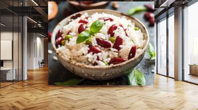 Nutritious Rice and Red Beans Bowl Close-up, Healthy Meal on Wooden Table, Horizontal View Wall mural