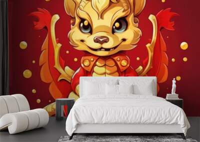 Adorable baby dragon sitting on pile of gold with red background Wall mural