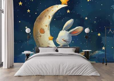 little rabbit sitting on the moon holding a little star, cartoon style Wall mural