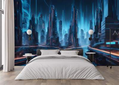 A vibrant, futuristic city features soaring skyscrapers illuminated by neon lights, with dynamic light trails and a serene river. Wall mural