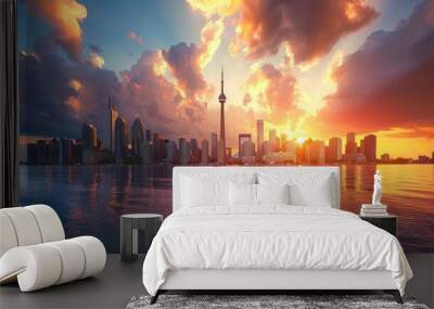 A beautiful cityscape of Toronto, Canada. The setting sun casts a golden glow on the city's skyscrapers, while the calm waters of Lake Ontario reflect the light. Wall mural