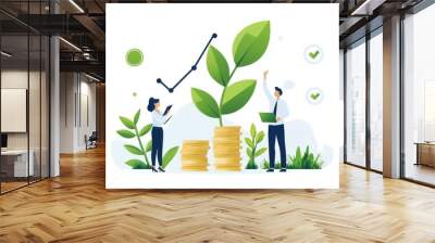 A vibrant illustration of growth, featuring a plant, coins, and individuals analyzing progress with graphs. Wall mural