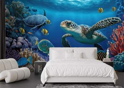 beauty of the underwater ocean with angelfish, butterflyfish, turtle and clownfish dart in and out of the coral , Generative AI Wall mural