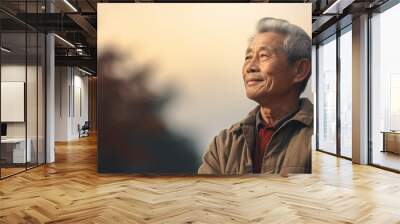 Elderly asian man outdoors with evening light and copy space. Wall mural