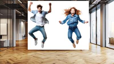 Jumping man and woman happy excited. Funny portrait on young casual male and female model in humorous jump isolated cutout PNG on transparent background. Wall mural