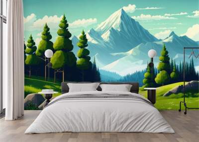 Mountain landscape with green hills, sandy road and natural valley. Vector picturesque place background, spring or summer nature, blue sky, Generative AI Wall mural