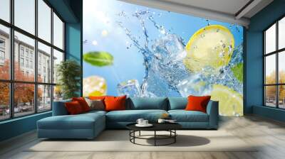 Refreshing splash of water with lemon slices and ice cubes, perfect for summer drink concepts or cooling beverages. Wall mural