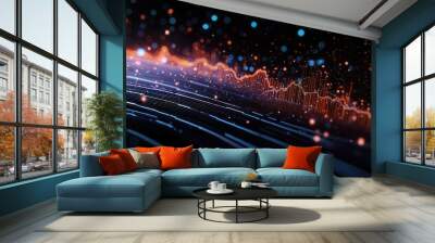 Vibrant abstract digital wave, illustrating sound frequencies with bright particles and smooth curves against a dark backdrop. Wall mural