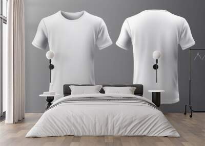 White male t-shirt realistic mockup set from front and back view on grey background, Generative AI Wall mural