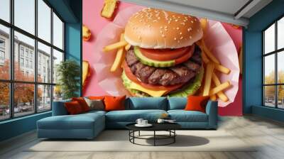  A fast food hamburger with a char-grilled beef patty, complemented by crunchy bread and butter pickles, shredded lettuce, slices of ripe tomato, and a swirl of ketchup and mustard


 Wall mural