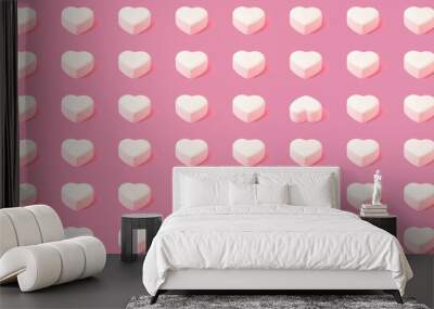 Trendy pink pattern made of white heart, with one different position. Pink background. Minimal concept. Romantic and love ideas. Wall mural