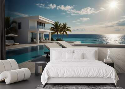 A beautiful view of the ocean with two white beach chairs and two white towels. generative.ai Wall mural