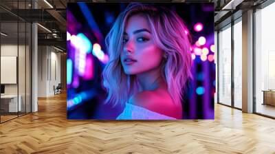 Neon Glow CloseUp Portrait of a Woman with Pink and Blue Lighting Looking Away with a Seductive Expression Wall mural