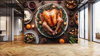 Overhead Festive Feast Roasted Turkey on Rustic Table with Side Dishes and Christmas Decor Wall mural