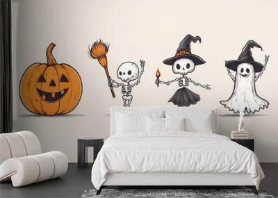 Spooky Halloween Trio Handdrawn Skeletons Ghost and Pumpkin on a Light Background Wall mural