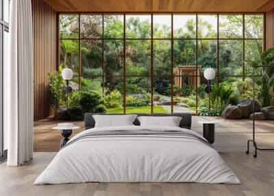 Sunlight streams through a large window showcasing a lush garden Wooden floorboards lead the eye to the inviting green view ZenGarden InteriorDesign Peaceful Nature Tatami Wall mural