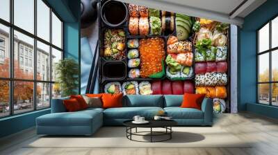 Sushi Feast A BirdsEye View of a Black Box Filled with Assorted Sushi Including Nigiri Maki and Sashimi Wall mural