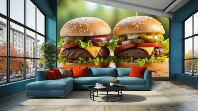 Two cheeseburgers with sesame seed buns, beef patties, cheddar cheese, lettuce , tomatoes , and other burger toppings on a wooden surface against a blurred green background Wall mural