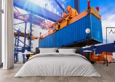 industrial port crane lift up loading export containers box onboard from truck at port of thailand,t Wall mural