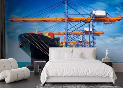 The container vessel  during discharging at an industrial port and move containers to container yard by trucks. Wall mural