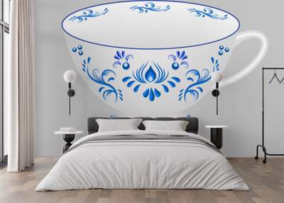 decorative porcelain tea cup ornate with blue floral pattern in traditional russian style gzhel. Wall mural