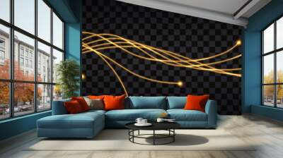 Fiber optic cable lines. Swirl wave, yellow light glowing effect, thunder bolt. Cyber data communication, digital technology, futuristic design. Isolated on transparent background, vector illustration Wall mural