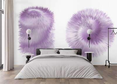 Fur pompoms, fuzzy fluffy texture. Ball, brush, feather, furry  shapes isolated, purple colorful 3d objects. Vector illustration. Wall mural