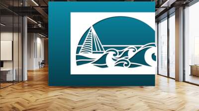 Laser cnc cut or paper art travel card design. Sea view with ocean waves and sail boat. Travel or cruise card background, decorative wall panel.  Stencil for cutting or engraving. Vector illustration. Wall mural