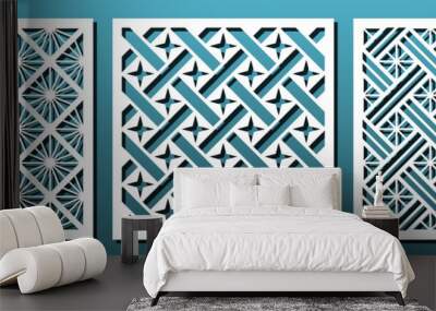 Laser cut pamels template, vector set. Abstract geometric pattern. Stencils, die for metal cutting, paper art, fretwork, wood carving, card background, wall panel design. Wall mural