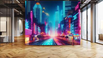 Neon futuristic synthwave city background.  Cyberpunk cityscape with neon light glowing effect. Night street, 80's vaporwave style, disco music Wall mural