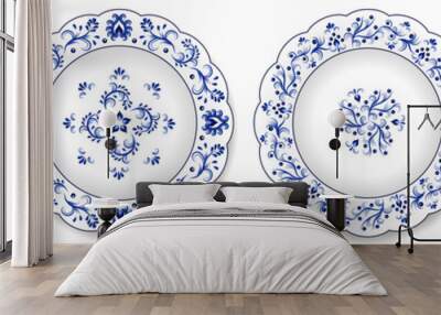 Set of blue porcelain plates, floral pattern with Chinese motives Wall mural