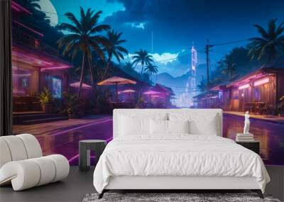 Synthwave 80's retro tropical beach town, neon light, night street, cyberpunk futuristic background, shops, palms, sea coast,  neon vaporwave illustration Wall mural