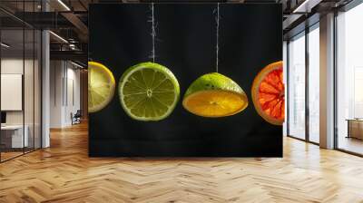 citrus fruits hanging on strings, suspended in mid air Wall mural