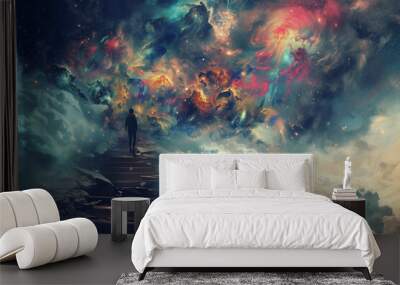 moonlit staircase into a colourful sky galaxy Wall mural