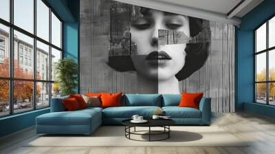 Monochrome Portrait of Young Woman with Abstract Geometric Overlays Wall mural