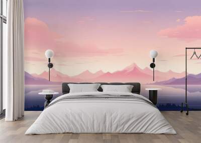 Purple pink and blue landscape with foggy mountains and lake in minimal flat cartoon style Wall mural