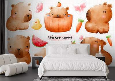 Cute Capybara Sticker Printable Sheet, Watercolor Capybara Stickers Wall mural