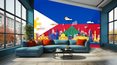 Philippines Travel postcard, poster, tour advertising of world famous landmarks. Vectors illustrations Wall mural