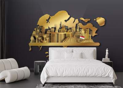 Singapore Gold Travel postcard panorama, poster, tour advertising of world famous landmarks of Singapore in paper cut style. Wall mural