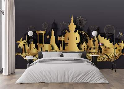 Thailand Travel postcard, poster, tour advertising of world famous landmarks in paper cut style. Vectors illustrations Wall mural